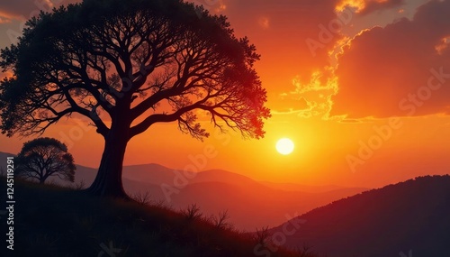 Delicate tree branches stretching towards the orange sky at sunset, trees, nature