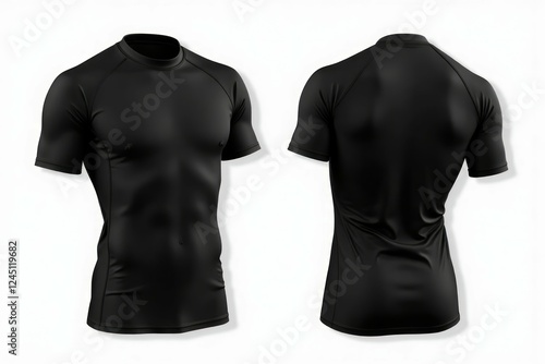 Black athletic shirt shown front and back views