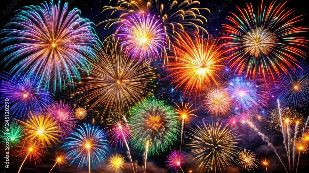 Fototapeta premium Stunning Fireworks Display, Night Sky, Black Background, 4K, High Resolution, Festive, Celebration, Pyrotechnics, Explosions of Color