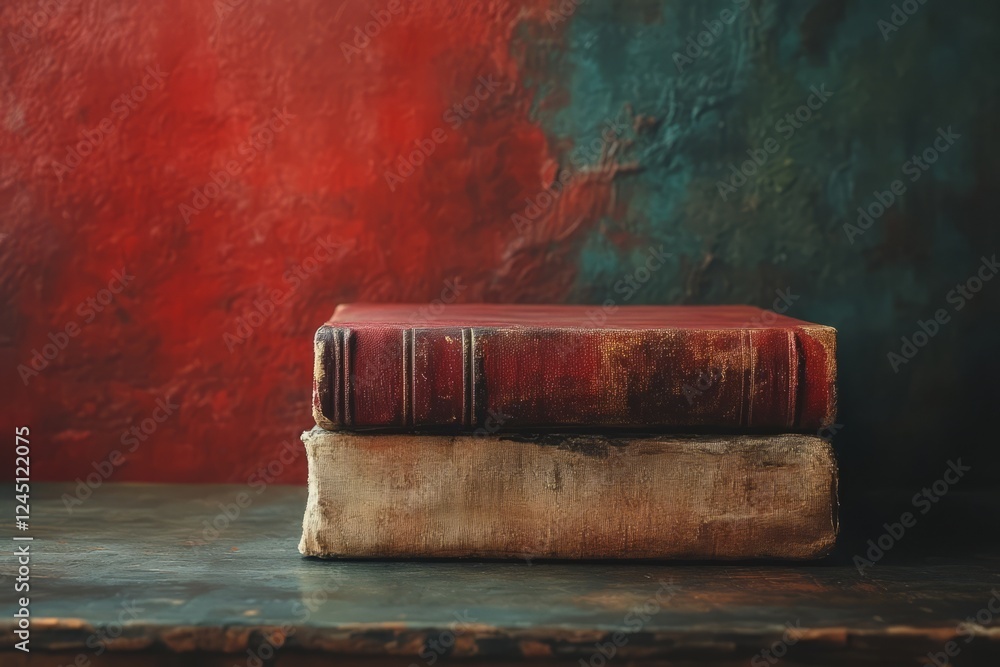 Fototapeta premium Two Antique Books Stacked On A Dark Wooden Surface Against A Textured Red And Green Background.