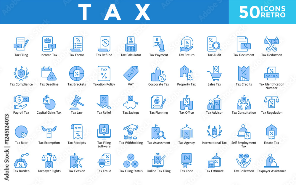 Fototapeta premium Tax icons set with tax filing, income tax, tax forms, tax refund, tax calculator, tax payment, tax return, tax audit, tax document, tax deduction icon. Simple retro vector 