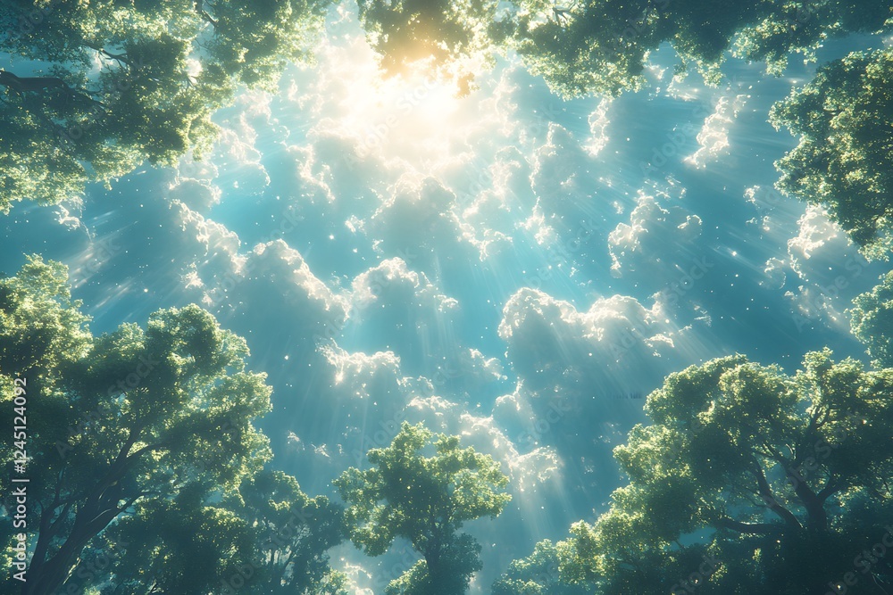 Fototapeta premium Sunbeams through clouds above forest canopy