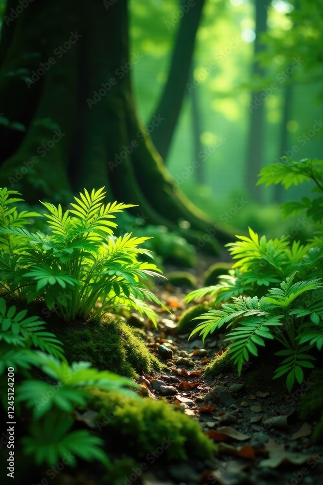 Overlapping layer of wild garlic plants and ferns in a shaded area, Forest Floor, Greenery, Shade Plants Overlapping layer of wild garlic plants and ferns in a shaded area, Forest Floor, Greenery, Shade Plants