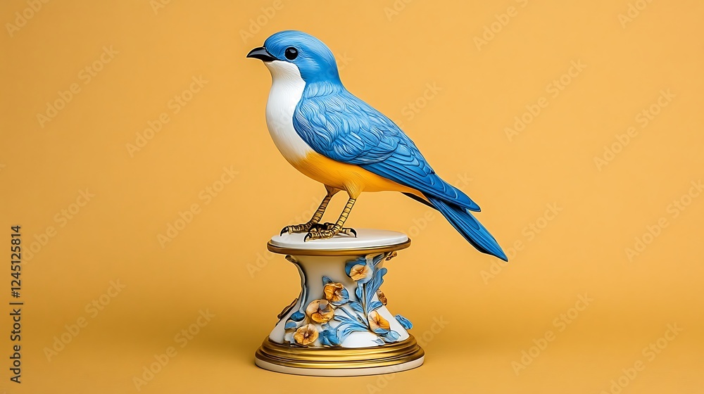 Fototapeta premium Vibrant Blue Bird Figurine on Ornate Stand: A Detailed 3D Render AI Generated