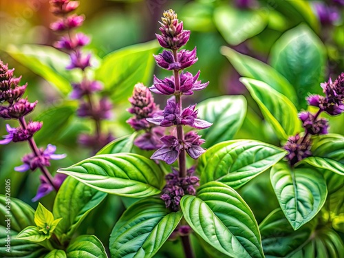 Sweet Basil Leaves & Flowers Macro Photography: Botanical Close-Up, Ocimum Basilicum, Herb Detail, Green Plant, Floral Photography photo