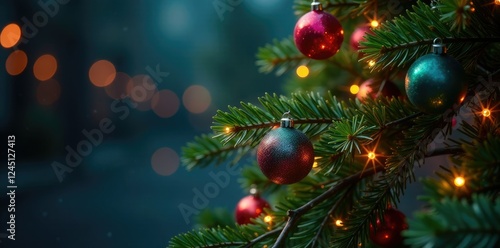 Pine tree branch decorated with multicolored LED lights and glass balls, lights, evergreen