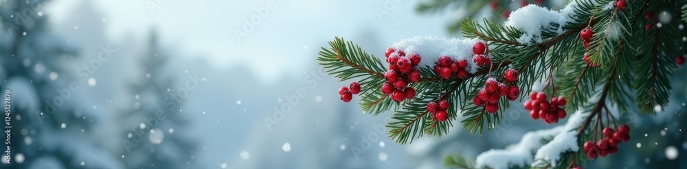 Pine tree with branches heavy with bright red berries and snowflakes gently falling on a winter landscape, winter sky, peaceful background, red berries Pine tree with branches heavy with bright red berries and snowflakes gently falling on a winter landscape, winter sky, peaceful background, red berries