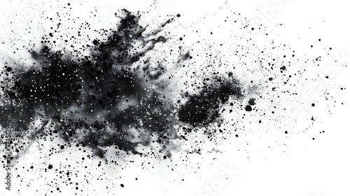 Abstract black ink splatter on white background, creating a dynamic artistic effect for design use photo