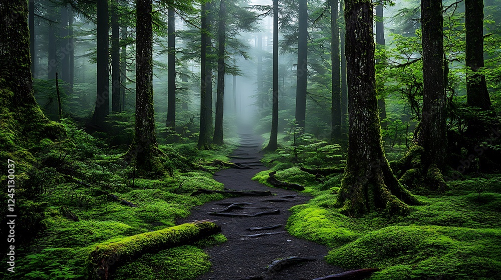 Obraz premium Misty Forest Trail: A Lush, Mossy Path on a Foggy Morning AI Generated
