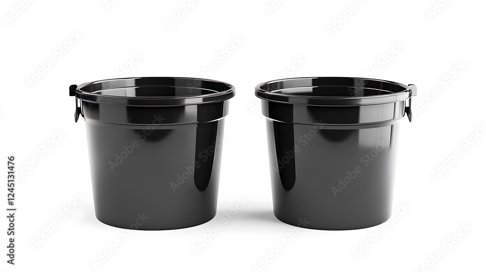 Two Black Plastic Buckets on White Background Two Black Plastic Buckets on White Background