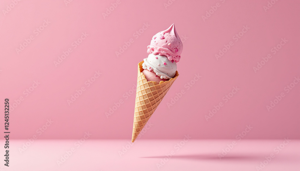 Double Scoop Ice Cream Cone Against Pink Background Double Scoop Ice Cream Cone Against Pink Background