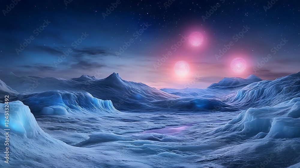Fototapeta premium Icy Alien Planet Landscape at Night: Digital Painting of a Frozen World AI Generated