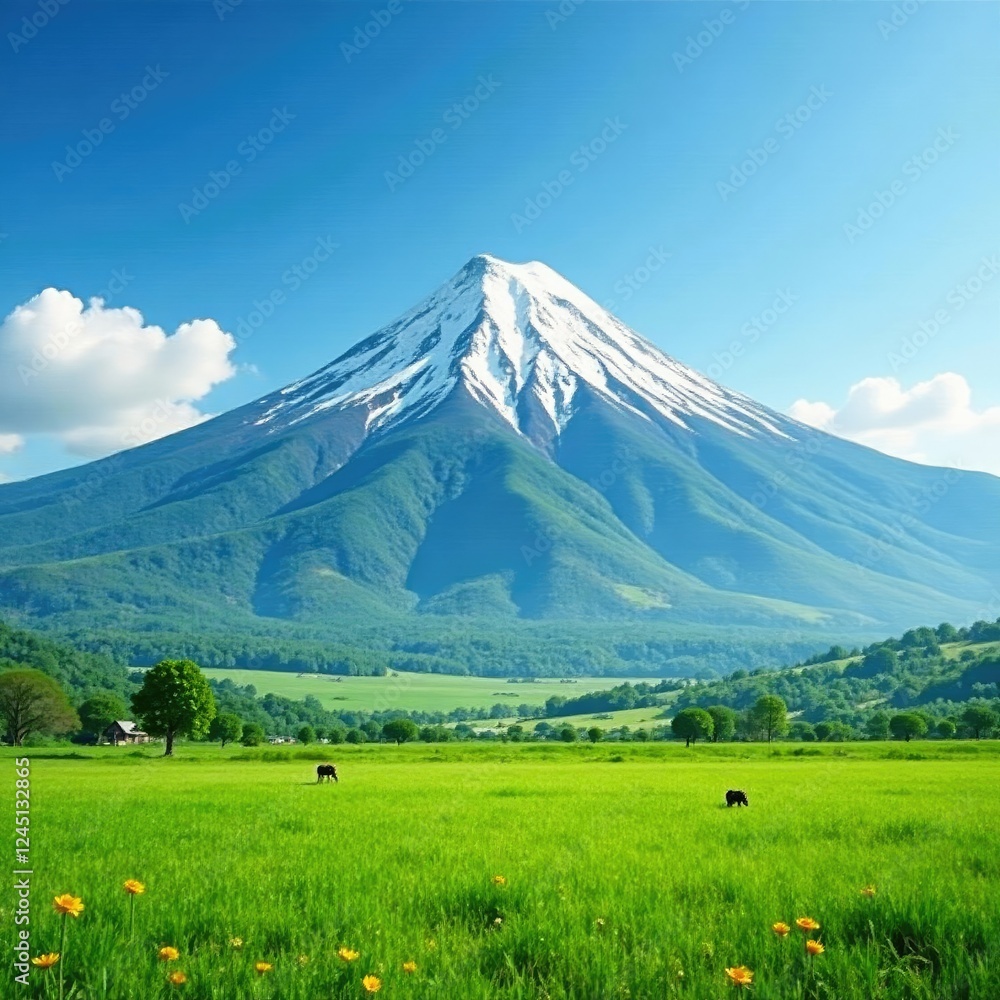 Snowy mountain peak amidst lush green savannah, nature, mountain Snowy mountain peak amidst lush green savannah, nature, mountain