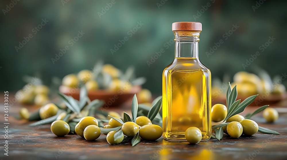 Olive Oil Bottle with Fresh Olives and Branches Olive Oil Bottle with Fresh Olives and Branches