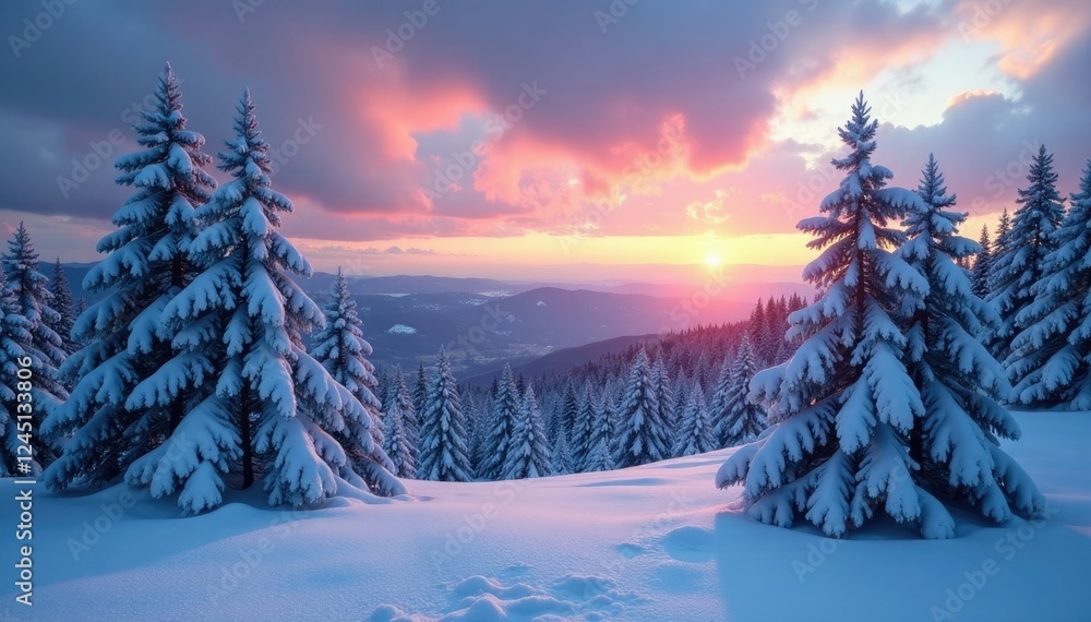 Snowy pine landscape at dusk under cloudy sky, snow, pine, forest Snowy pine landscape at dusk under cloudy sky, snow, pine, forest
