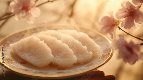 raditional rice cakes on porcelain plate, steam rising, cherry blossoms in soft focus, golden hour warmth.