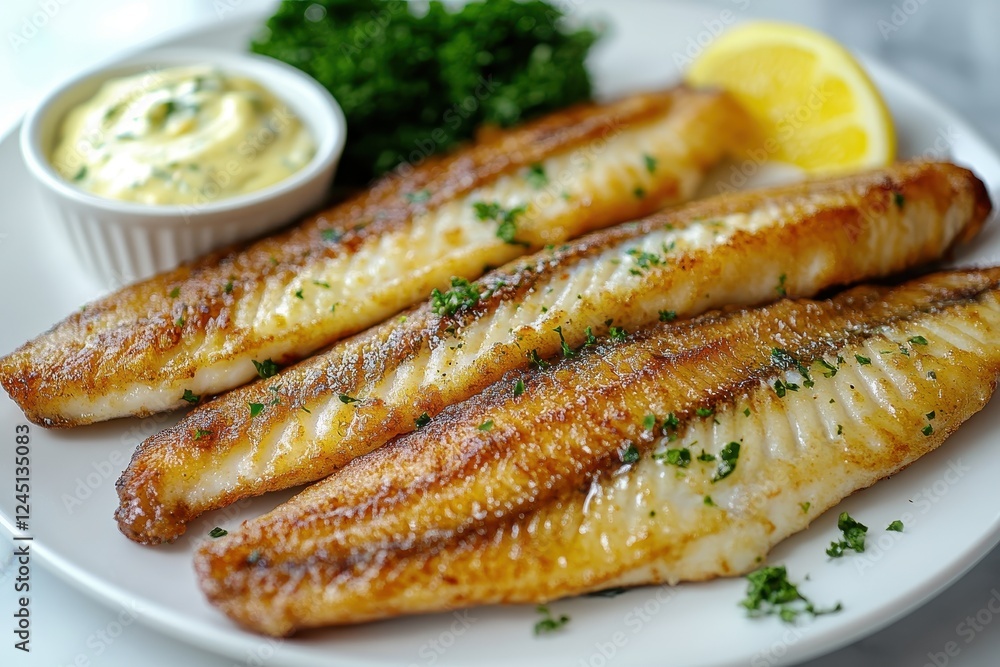 Golden-brown pan-fried fish fillets, served with parsley and tartar sauce. Perfect for restaurant menus, recipe websites, or food blogs showcasing delicious seafood. Golden-brown pan-fried fish fillets, served with parsley and tartar sauce. Perfect for restaurant menus, recipe websites, or food blogs showcasing delicious seafood.