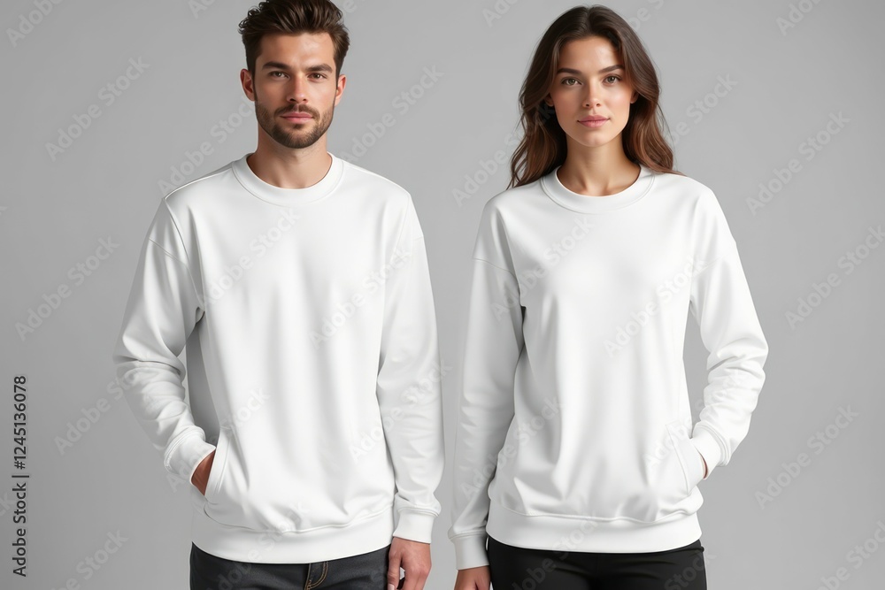 Couple Modeling Blank White Crewneck Sweatshirts Couple Modeling Blank White Crewneck Sweatshirts