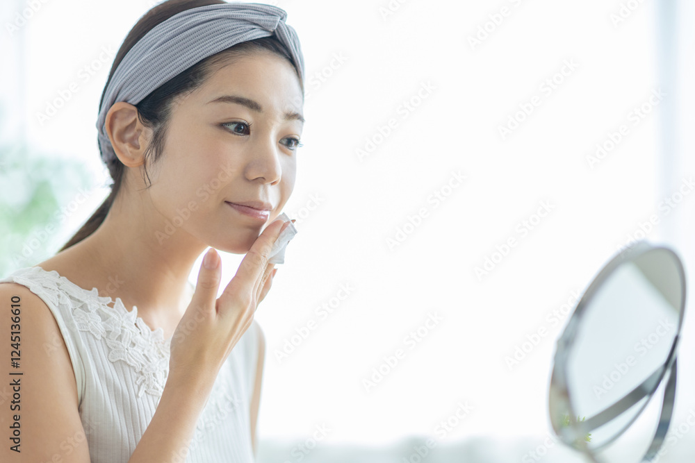 スキンケアをする若い女性 スキンケアをする若い女性