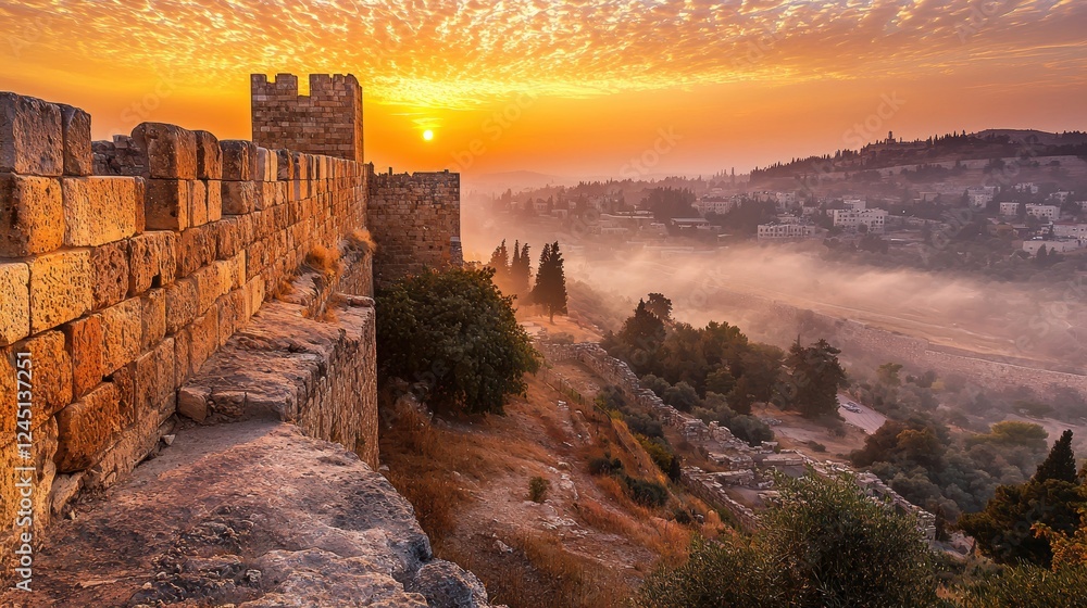 Fototapeta premium Sunrise over ancient jerusalem wall israel landscape photo heritage