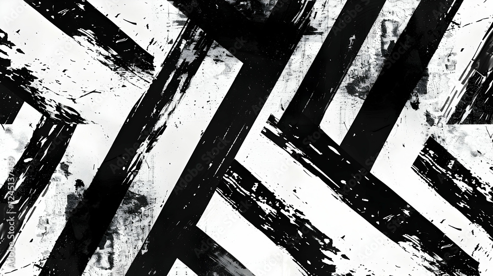 Fototapeta premium Abstract black and white geometric pattern with dynamic brush strokes creating depth and texture