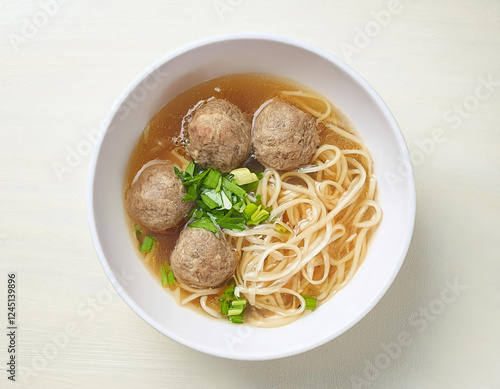 Bakso sapi, Top view Beef Meatballs with noodles one of most popular Indonesian foods photo