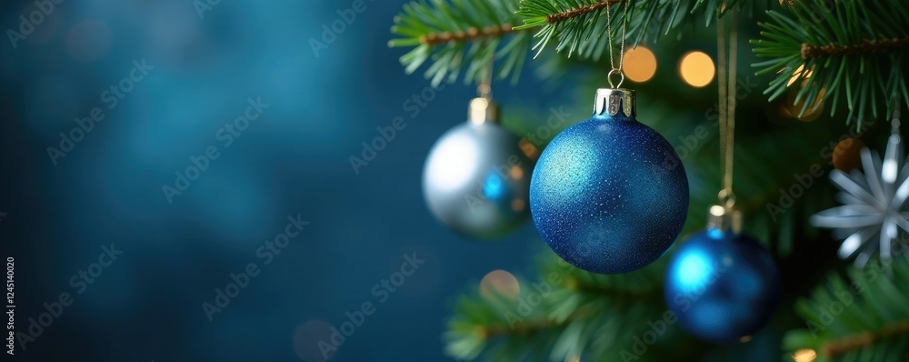 Blue and silver ornaments suspended from a Christmas tree branch, , Christmas Tree Branch, Luxurious Look Blue and silver ornaments suspended from a Christmas tree branch, , Christmas Tree Branch, Luxurious Look