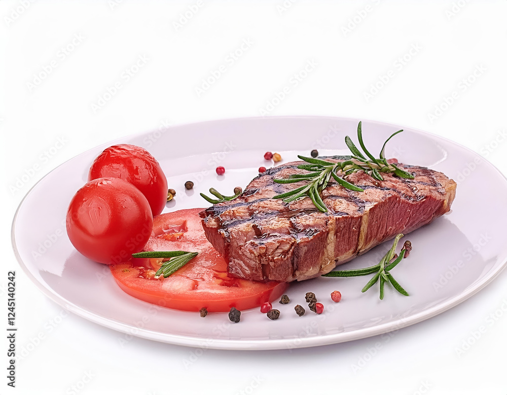Beef steaks with rosemary and tomatoes. Isolated on a white background. Beef steaks with rosemary and tomatoes. Isolated on a white background.