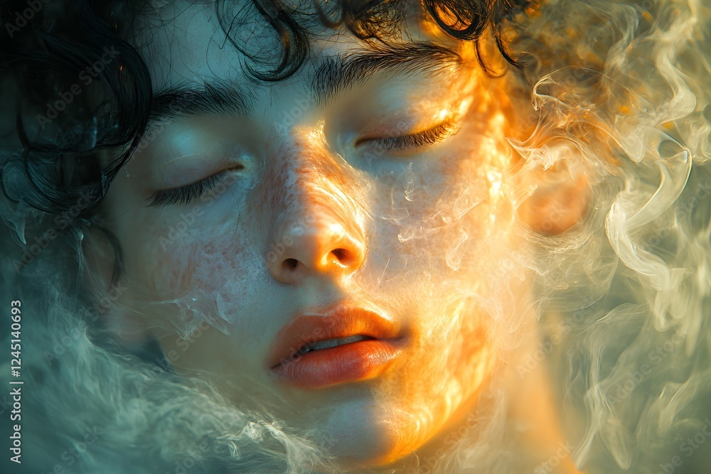Woman with closed eyes surrounded by colorful smoke Woman with closed eyes surrounded by colorful smoke