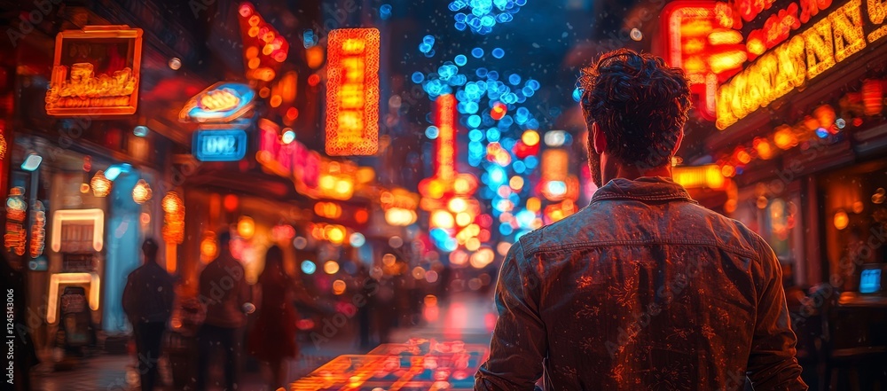 Obraz premium Man explores vibrant night market, glowing signs, city