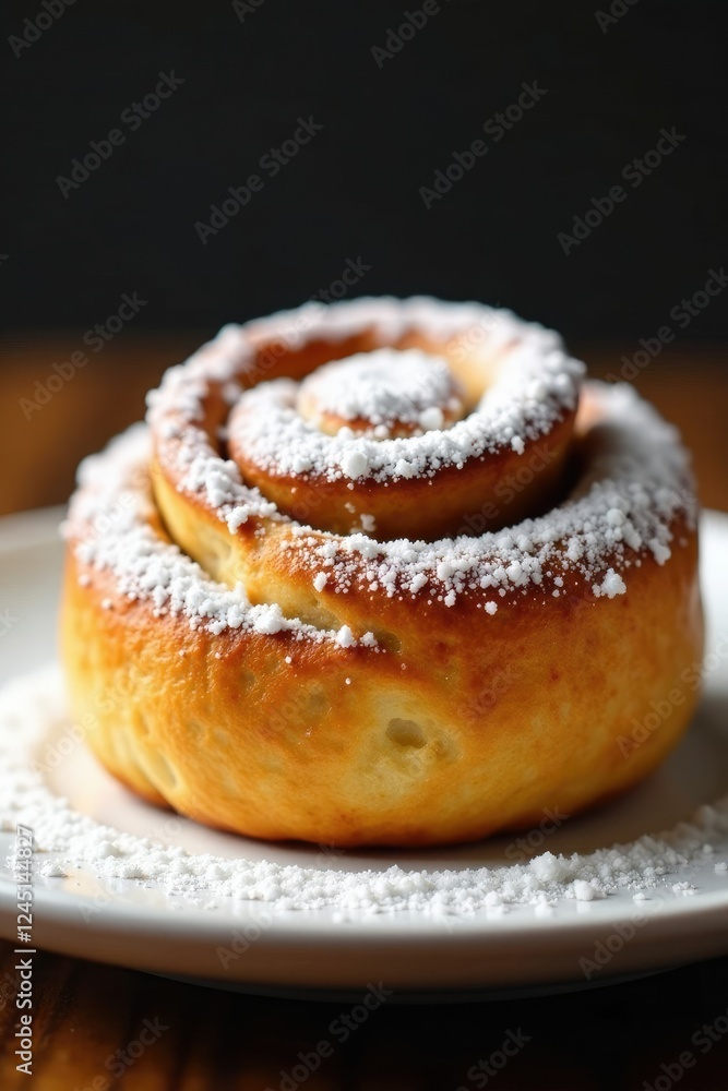 Golden brown cinnamon roll swaddled in snowy white powder, dessert, golden brown Golden brown cinnamon roll swaddled in snowy white powder, dessert, golden brown