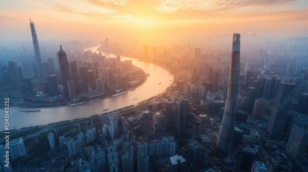 Fototapeta premium A mesmerizing cityscape seen from above, featuring a dense array of skyscrapers with sleek modern designs