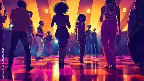 Groovy 70s Disco Night:  A vibrant illustration capturing the energy and style of a 1970s discotheque, filled with people dancing under dazzling lights.