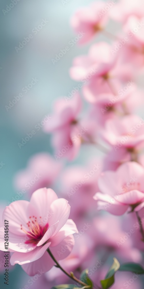 Cherry blossoms bloom beautifully against a soft blue background during springtime in a serene garden