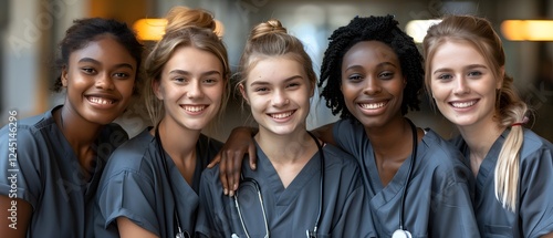 Group of young nurses standing welcoming team in hospital.