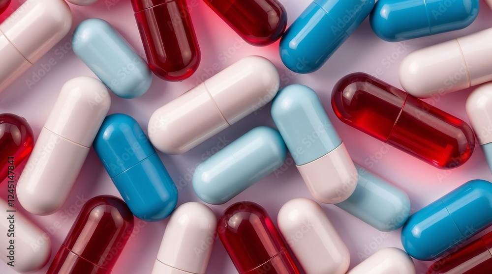 Colorful medical pills creating a healthcare pattern on pink background Colorful medical pills creating a healthcare pattern on pink background