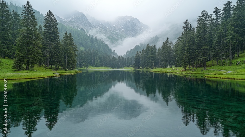 Naklejka premium Misty mountain lake reflection, serene alpine scenery, perfect for travel brochures