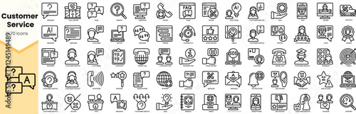 A collection of 70 black and white icons representing various customer service concepts, including support, feedback, and communication.