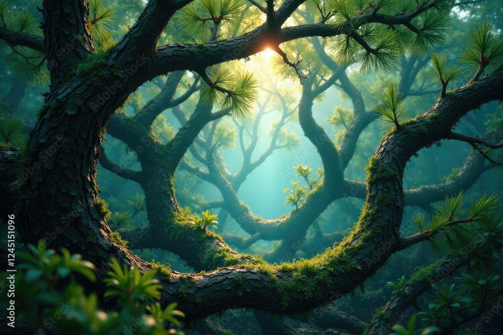 Pine Tree branches tangled in a whirlpool of swirly glass, nested, crescendo Pine Tree branches tangled in a whirlpool of swirly glass, nested, crescendo