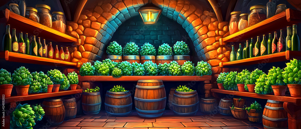Fototapeta premium A room with a lot of plants and a barrel in the middle. The plants are green and the barrel is brown