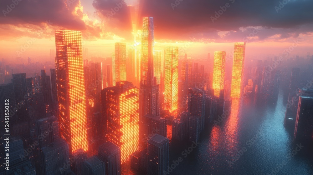 Stunning Cityscape at Sunset with Skyscrapers and Reflections Over the Water, Showcasing a Vibrant Urban Landscape and Dramatic Cloud Patterns Stunning Cityscape at Sunset with Skyscrapers and Reflections Over the Water, Showcasing a Vibrant Urban Landscape and Dramatic Cloud Patterns
