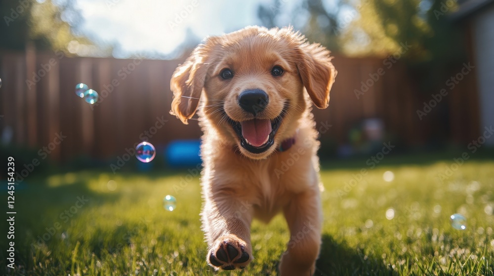 Golden retriever puppy running on grass with bubbles. Perfect for pet, animal, or playful themes, evokes joy and happiness. Golden retriever puppy running on grass with bubbles. Perfect for pet, animal, or playful themes, evokes joy and happiness.