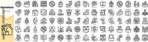 A collection of 60 minimalist icons representing concepts related to homelessness and social welfare.