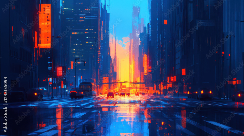 Fototapeta premium A stunning cityscape at twilight, where towering buildings cast long shadows over the main avenue