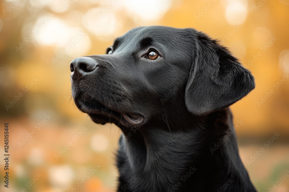 Adorable Black Labrador Retriever Dog Looking Up In Autumn. Perfect For Pet, Animal, And Nature Themes. Adorable Black Labrador Retriever Dog Looking Up In Autumn. Perfect For Pet, Animal, And Nature Themes.