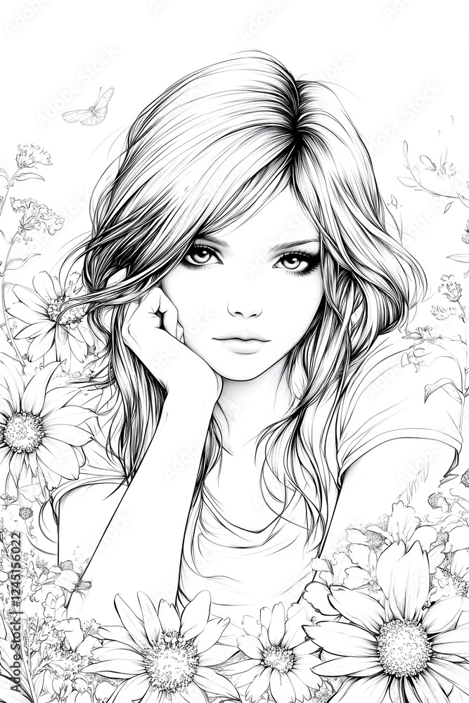 A woman with long blonde hair is sitting with her hand on her chin. She is looking at the camera with a smile on her face. The background features a field of flowers A woman with long blonde hair is sitting with her hand on her chin. She is looking at the camera with a smile on her face. The background features a field of flowers