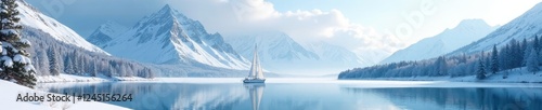 Wallpaper Mural Snowy mountainside with a solitary sailboat on an icy lake, winter wonderland, calmness, snow-covered trees Torontodigital.ca