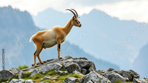 Mountain goat stands majestically on rocky terrain against a backdrop of cloudy mountains in a scenic landscape photo