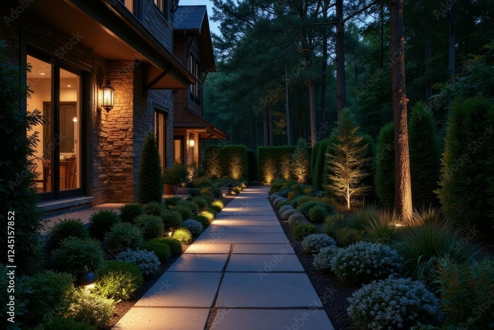 Illuminated Pathway Leading to a Stone House at Night Illuminated Pathway Leading to a Stone House at Night