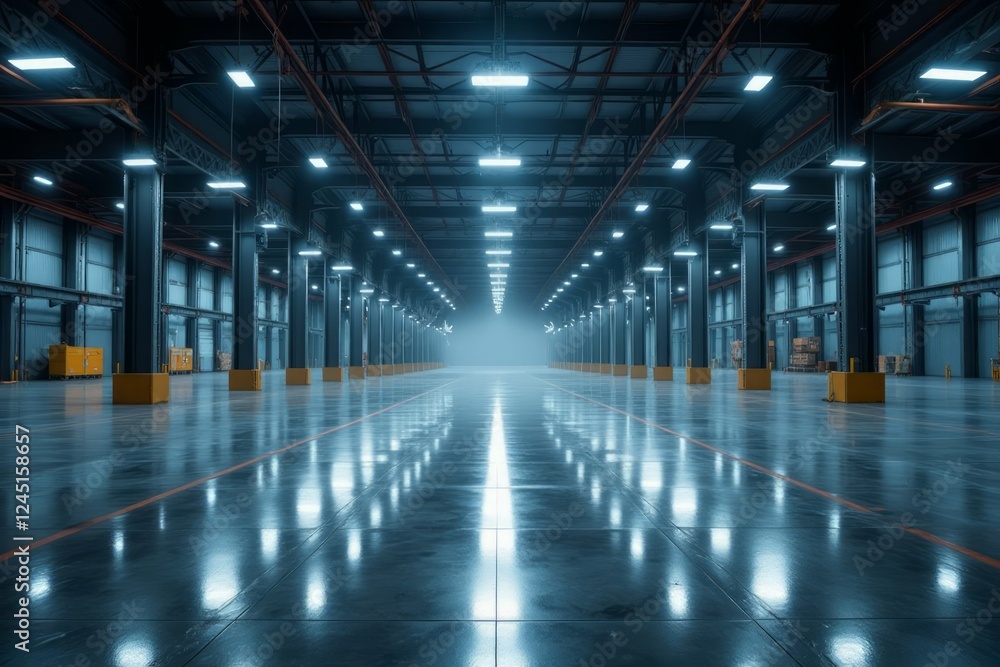Large Empty Warehouse Interior With Bright Lighting Large Empty Warehouse Interior With Bright Lighting